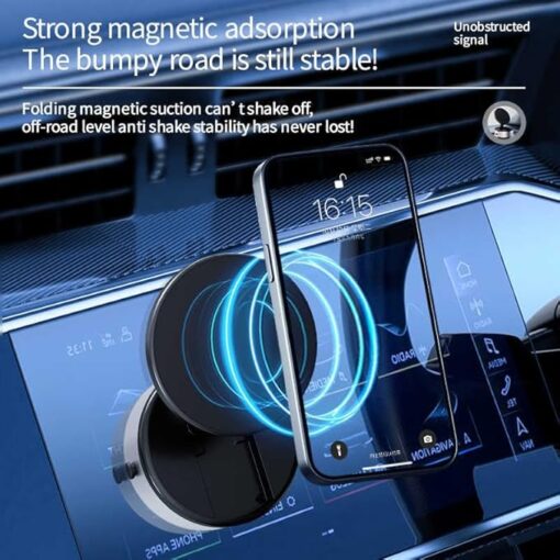 Magnetic Phone Holder for Car, 360° Rotatable Phone Holder, Mini Car Phone Mount with Vacuum Suction Cup, Foldable Stand with Magnetic Ring for Mirror/Shower/Smooth Surface, for all Smartphone - Image 6