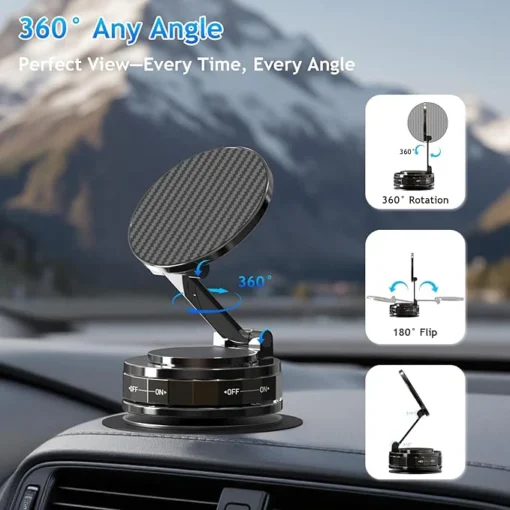 Magnetic Phone Holder for Car, 360° Rotatable Phone Holder, Mini Car Phone Mount with Vacuum Suction Cup, Foldable Stand with Magnetic Ring for Mirror/Shower/Smooth Surface, for all Smartphone - Image 2