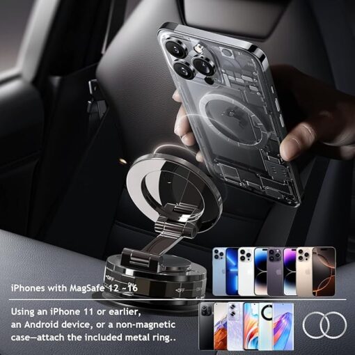Magnetic Phone Holder for Car, 360° Rotatable Phone Holder, Mini Car Phone Mount with Vacuum Suction Cup, Foldable Stand with Magnetic Ring for Mirror/Shower/Smooth Surface, for all Smartphone - Image 8